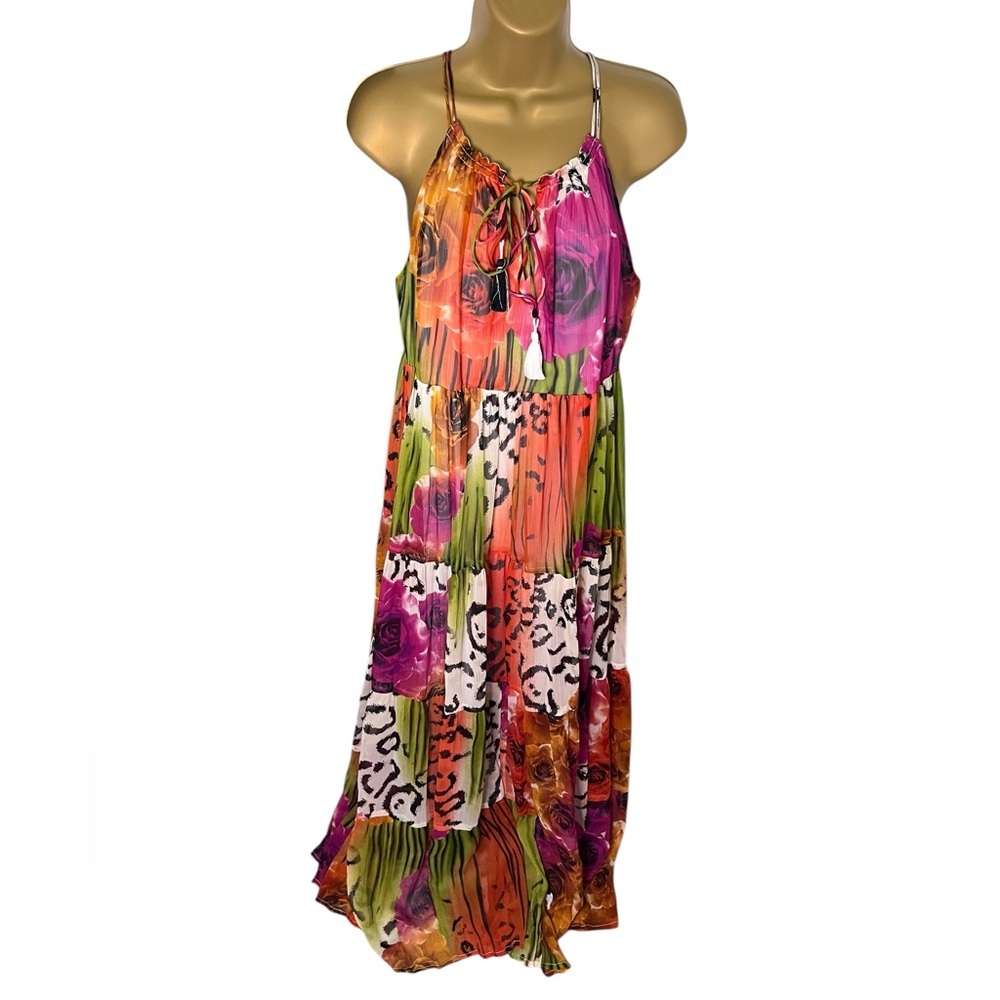 Tiered Halter Maxi Dress Floral Animal Print Multicolor M